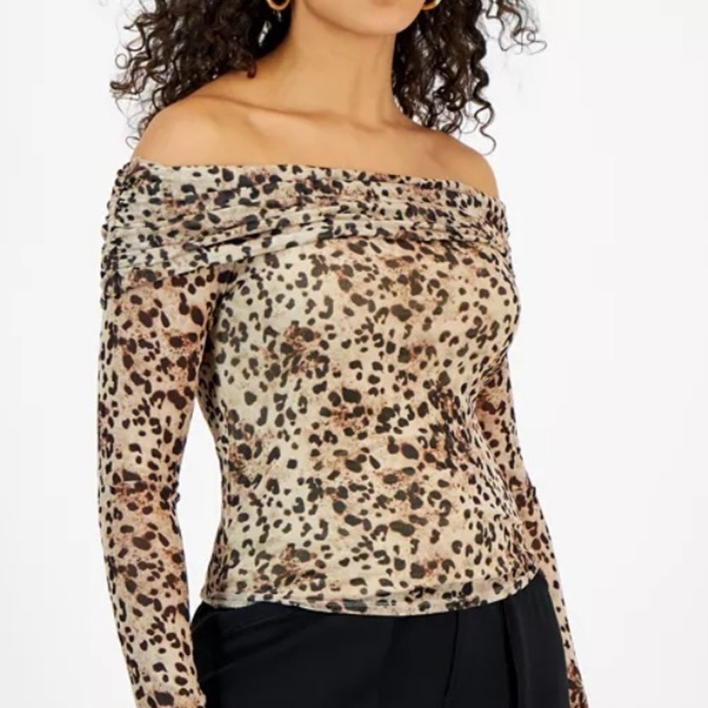 Bar III Womens Medium Carly Cheetah Printed Off The‎ Shoulder Mesh Top Mobwife